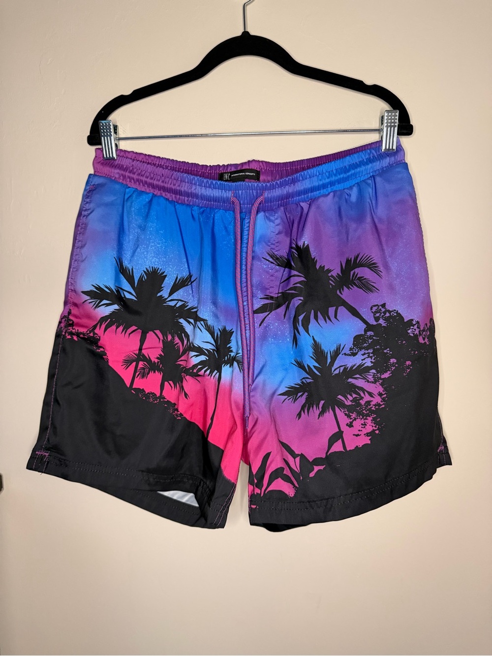 INC International Concepts Purple/Pink/Blue Tropical Palm Swim Trunks